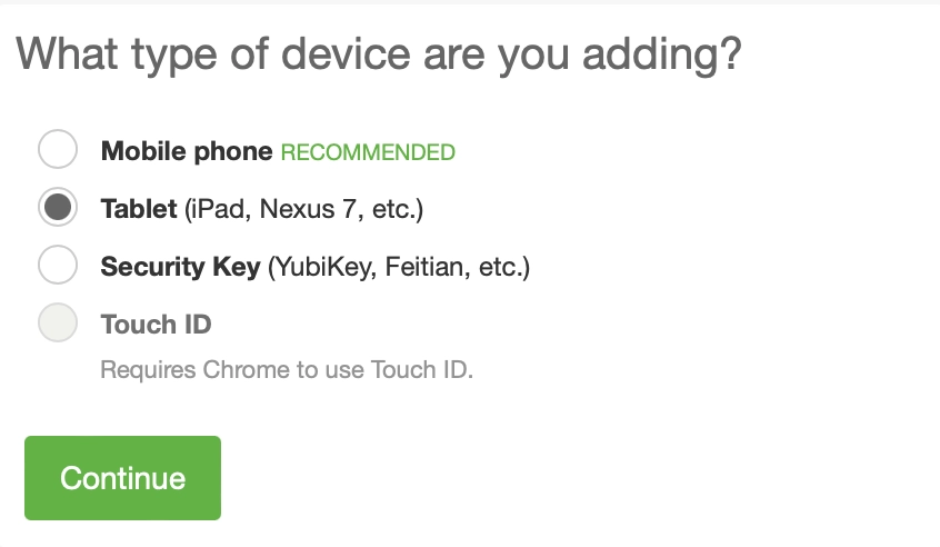 Screenshot of DUO Device Type Selection Page