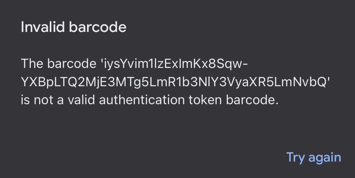 Screenshot of Invalid Barcode Error in Google Authenticator